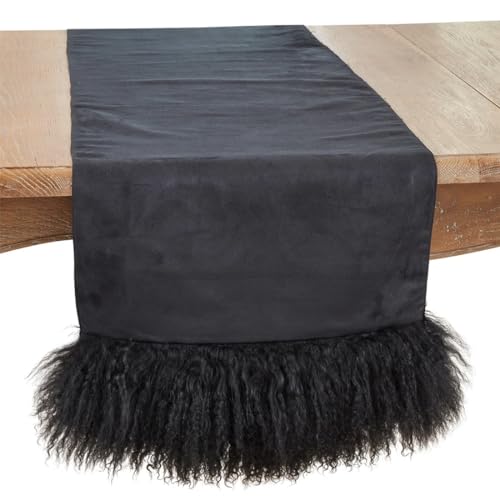 Fennco Styles Genuine Mongolian Lamb Fur Table Runner 16" W x 72" L – Black Plush Table Cover for Dining Room, Banquets, Family Gatherings, Holidays, Special Events and Home Décor