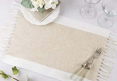 Fennco Styles Two-Tone Banded Design Table Runner with Tassel 16" W x 72" L - Natural & White Linen Blend Table Cover for Everyday Use, Banquets, Family Gathering and Special Events