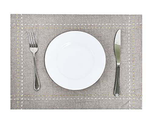 Fennco Styles Anais Embroidered Silver and Gold Line Cotton Table Runner and Placemat