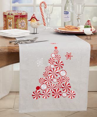 Fennco Styles Embroidered Peppermint Holiday Table Runner 16" W x 72" L - Silver Festive Table Cover for Christmas, Family Gathering, Banquets and Special Events