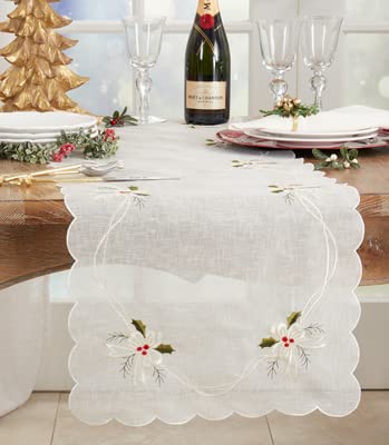 Fennco Styles Embroidered Holly & Ribbon Design Holiday Placemats 14" W x 20" L, Set of 4 - Natural Table Mats for Christmas, Winter Holidays, Home Décor, Banquet, Family Gathering, Special Occasion