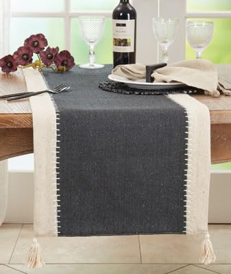 Fennco Styles Whipstitch Banded Cotton Table Runner with Tassels 16" W x 72" L - Black & Natural Table Cover for Home, Dining Table, Banquet, Family Gathering, Everyday Use and Special Occasion