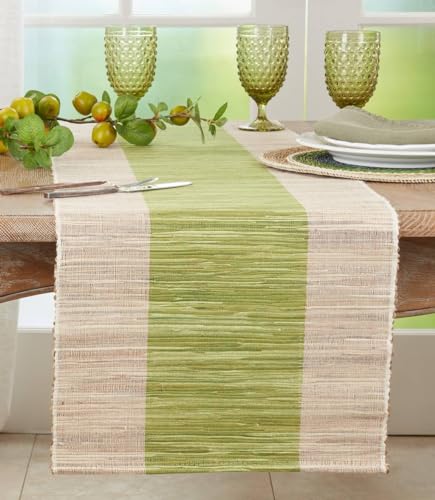 Fennco Styles Shimmering Banded Design Water Hyacinth Table Runner 16" W X 72" L - Green Rustic Table Cover for Dining Table, Dinner Party, Holidays, Home Decor, Special Events