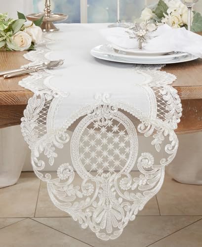 Fennco Styles Embroidered Lace Design Table Runner 16" W X 54" L - White Charming Table Cover for Everyday Use, Banquets, Weddings and Special Occasions