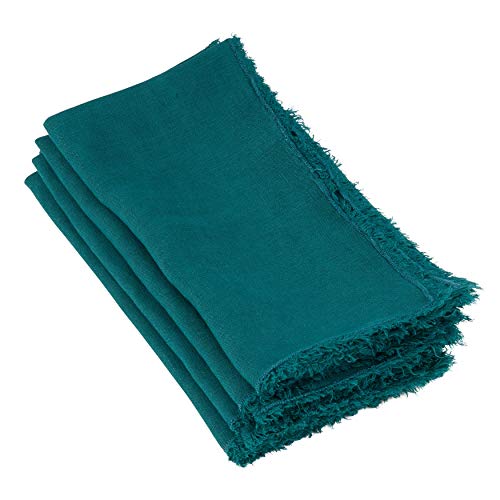 Fennco Styles Graciella Fringed Stone Washed Design 100% Linen Table Runner - 16"x72" (Jasper Green, 20"X20" Napkin, Set of 4)