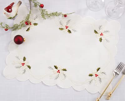 Fennco Styles Embroidered Holly & Ribbon Design Holiday Placemats 14" W x 20" L, Set of 4 - Natural Table Mats for Christmas, Winter Holidays, Home Décor, Banquet, Family Gathering, Special Occasion