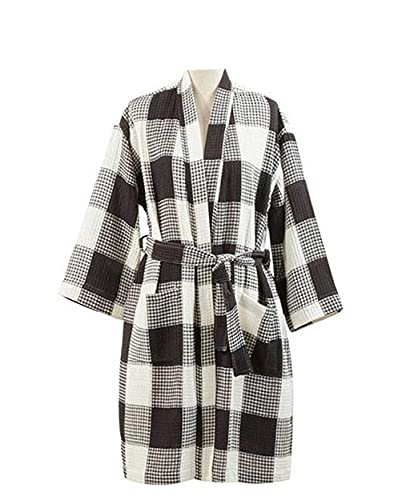 Fennco Styles Women Buffalo Plaid Waffle Weave 100% Cotton Bathrobe Lightweight Sleepwear Absorbent Spa Robe