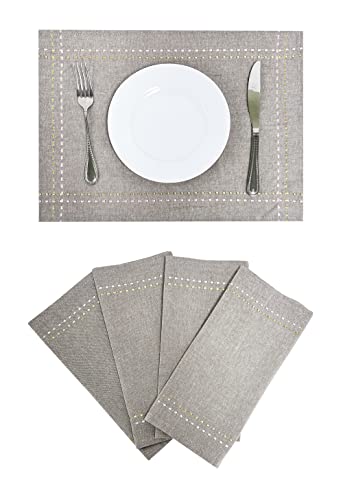 Fennco Styles Anais Embroidered Silver and Gold Line Cotton Table Runner and Placemat