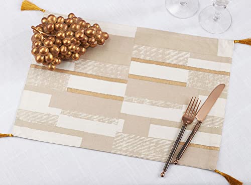 Fennco Styles Geometric Foil Print Cotton Woven Table Runner 16" W x 72" L - Gold Tassel Table Cover for Home Décor, Everyday Use, Banquets, Holidays, Family Gatherings and Special Occasion