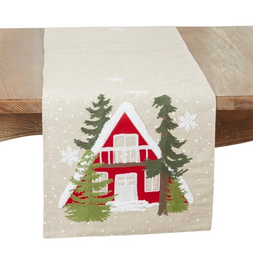 Fennco Styles Snow House Christmas Table Runner 16" W x 70" L - Natural Linen Blend Table Cover for Winter Holiday, Home Décor, Banquet, Family Gathering, Holiday and Special Occasion