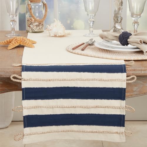 Fennco Styles Rope Appliqué Cotton Table Runner 16" W x 72" L – Navy Blue Nautical Inspired Table Cover for Home, Dining Room, Banquets, Holidays and Special Events