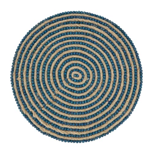 Fennco Styles Hand Beaded Spiral Swirl Design Placemat 14" Round, 1-Piece - Blue Wood Beads and Jute Table Mat for Home Décor, Family Gathering, Banquets, Everyday Use and Special Occasion