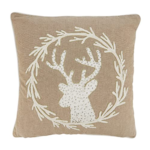 Fennco Styles Hand Beaded & Embroidered Wreath Reindeer Cotton Decorative Throw Pillow 18"W x 18"L – Natural Holiday Cushion for Home, Couch, Sofa, Bedroom, Office, Christmas Décor and Special Occasion