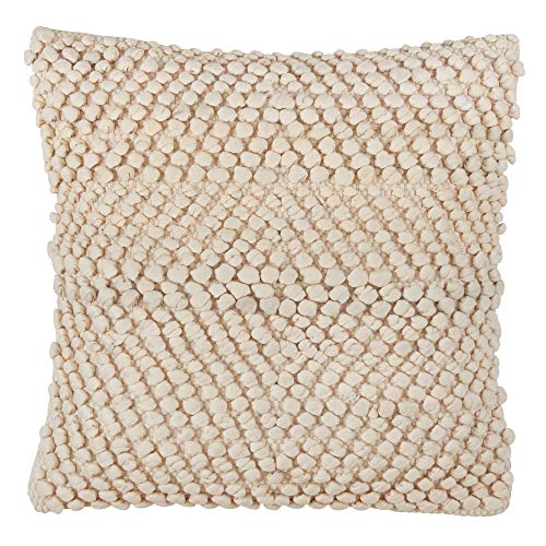 Fennco Styles Knotted Design Down Filled 18 Inch Square Cotton Decorative Throw Pillow – Ivory Boho-Chic Cushion for Couch, Sofa, Bedroom, Office and Living Room Décor