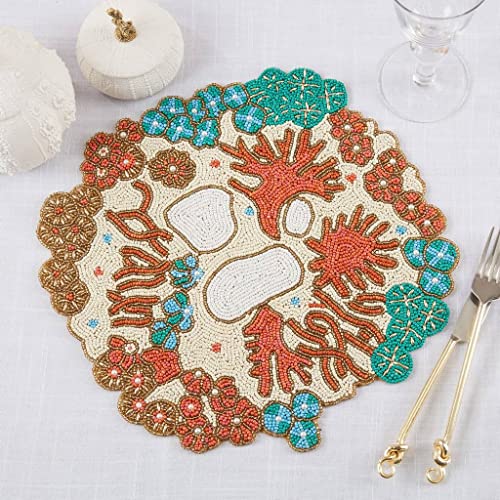 Fennco Style Hand Beaded Coral Reef Coastal Placemat 15" Round, 1-Piece - Coral Sea Life Table Mat for Home Décor, Dining Table, Family Gathering, Banquets, Beach House and Special Occasion