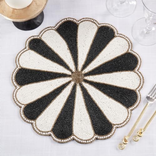 Fennco Style Unique Beaded Pinwheel Holiday Placemat 14" Round, 1-Piece - Black & White Sparkly Table Mat for Home Décor, Christmas, Family Gatherings and Special Events