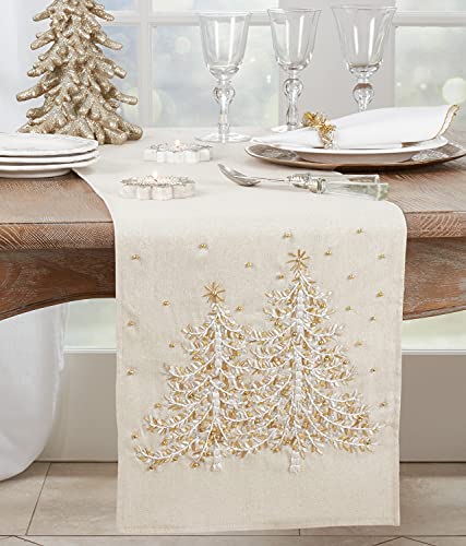 Fennco Styles Festive Embroidered Christmas Tree Table Runner 14 x 72 Inch - Natural Table Cover for Holiday Décor, Everyday Use, Banquets and Special Events