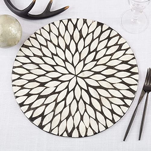 Fennco Styles Geometric Capiz Design Placemat 15" Round, 1-Piece – Black & White Elegant Table Mat for Home, Dining Room Décor, Banquets, Indoor & Outdoor and Special Events