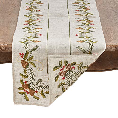 Fennco Styles Holiday Embroidered Pinecone and Holly Poly-Linen Natural Tablecloth