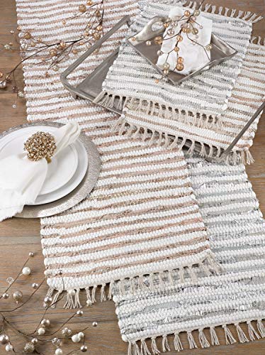 Fennco Styles Foil Striped Cotton Leather Woven Chindi Tassel Table Runner 16 x 72 Inch - Gold Metallic Table Cover for Home, Dining Room Décor, Banquets, Family Gathering and Special Occasion