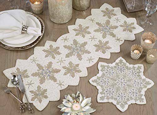 Fennco Styles Exquisite Hand Beaded Christmas Snowflake Table Runner 13 x 35 Inch - White Table Cover for Holiday, Home Décor, Banquets and Special Occasion