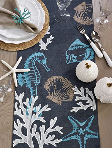 Fennco Styles Coastal Collection Sea Life Embroidered Table Runner 16 x 70 Inch - Navy Blue Table Cover for Everyday Use, Family Gathering, Banquets and Special Occasion