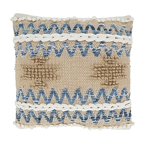 Fennco Styles Multi Texture Chindi Cotton Jute Decorative Throw Pillow 18" W x 18" L - Natural Square Cushion for Home, Couch, Living Room, Bedroom, Office and Holiday Décor