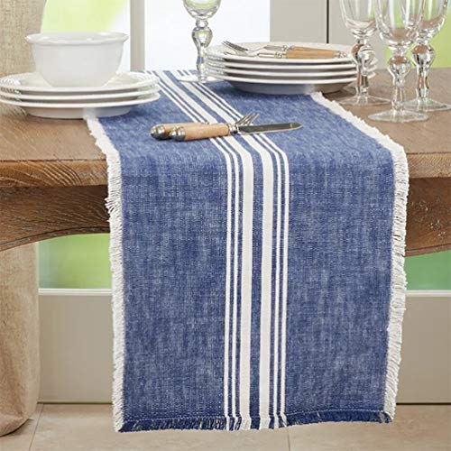 Fennco Styles Contemporary Striped Fringe Cotton Table Runner 13" W x 72" L - Blue Table Cover for Home, Dining Table Décor, Family Gathering, Banquets and Special Events