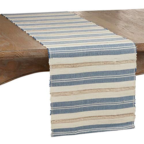 Fennco Styles Modern Water Hyacinth Woven Striped Table Runner - Blue Ivory Table Cover for Home Décor, Dining Table, Banquets, Holiday and Special Events