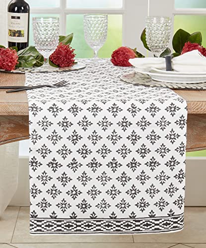 Fennco Styles Block Print Cotton Table Runner 16'W X 72" L - Black & White Table Cover for Everyday Use, Dining Table Décor, Banquets, Family Gathering and Special Events