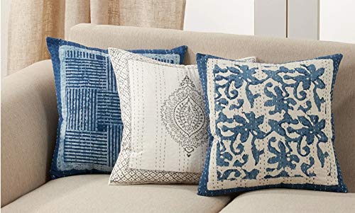 Fennco Styles Kantha Stitch Block Print Cotton Decorative Throw Pillow 22 x 22 Inch - Indigo Accent Pillow for Home, Couch, Lving Room, Bedroom and Office Décor