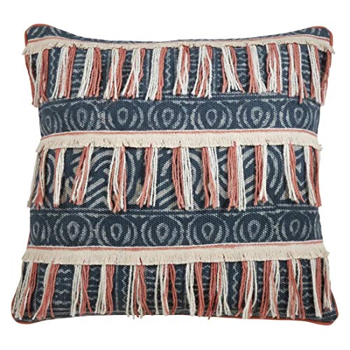 Fennco Styles Bohemian Block Print Embroidered Fringe Design Decorative Throw Pillow Cover 28 x 28 Inch - Blue Cotton Pillow Case for Home, Couch, Bedroom Décor and Special Occasion