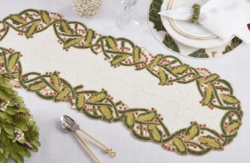 Fennco Style Holly Leaves Beaded Holiday Table Runner 13" W X 36" L - Multicolored Sparkling Table Cover for Home, Banquets, Winter Festivals, and Christmas Décor