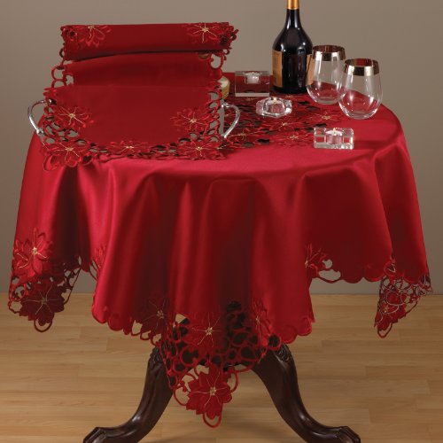 Fennco Styles Holiday Embroidered and Cutwork Poinsettia Table Runner 16" W x 72" L - Red Table Cover for Christmas Décor, Dining Table, Banquets, Special Occasion