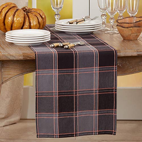 Fennco Styles Holiday Plaid Stitched Cotton Table Runner 16" W x 72" L - Black Table Cover for Home, Dining Table, Banquets, Family Gathering and Special Occasion