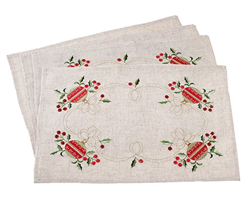 Fennco Styles Embroidered Ornament Design Christmas Holiday Linen Blend Tablecloth