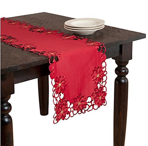 Fennco Styles Holiday Embroidered and Cutwork Poinsettia Table Runner 16" W x 72" L - Red Table Cover for Christmas Décor, Dining Table, Banquets, Special Occasion