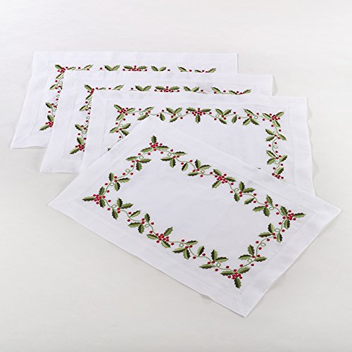 Fennco Styles Holiday Holly Embroidered Linen-Cotton Christmas Table Runner, 16"x72"