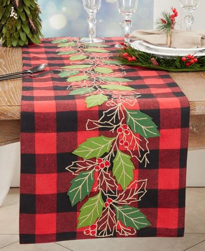 Fennco Styles Buffalo Plaid Holly Leaves Red Table Runner 16" W x 70" L - Red Festive Cotton Blend Table Cover for Christmas Décor, Winter Holidays, Dining Table, and Special Occasions