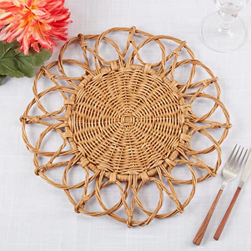 Fennco Styles Hand Twisted Rattan Placemat 15" Round, 1- Piece - Caramel Boho Flower Table Mats Heat Resistant Insulation for Home, Boho Décor, Dining Table, Banquets, Special Events