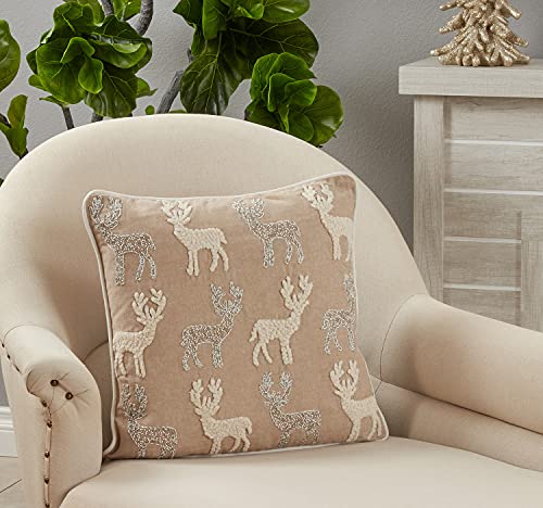 Fennco Styles Hand Beaded & Embroidered Reindeer Cotton Decorative Throw Pillow 18" W x 18" L – Natural Holiday Cushion for Home, Couch, Sofa, Bedroom, Office, Christmas Décor and Special Occasion