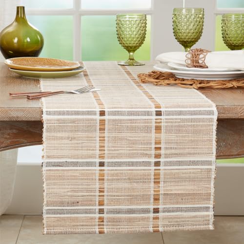 Fennco Styles Stripe Design Water Hyacinth Table Runner 14" W X 72" L - Natural Rustic Table Cover for Dining Table, Dinner Party, Holidays, Home Decor, Special Events