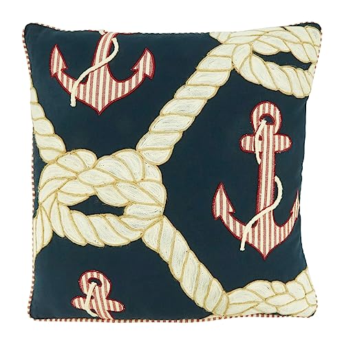 Fennco Styles Nautical Anchor & Rope Design Cotton Decorative Throw Pillow 18" W x 18" L – Navy Blue Coastal Cushion for Couch, Sofa, Bed, Holidays, Home Décor and Office Décor