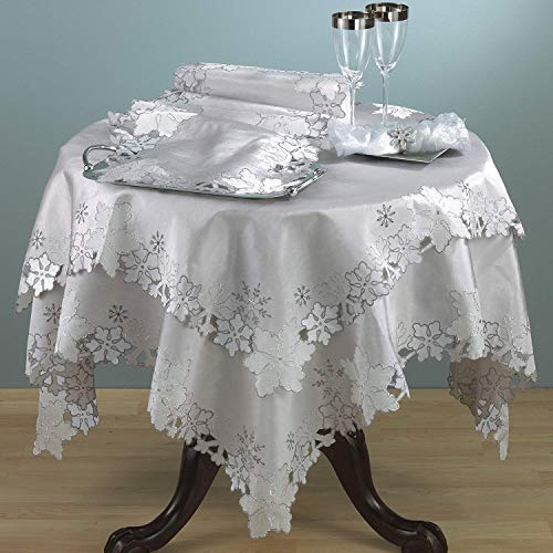 Fennco Styles Elegant Embroidered and Cutwork Snowflake 60 x 60 Inch Tablecloth - Silver Tablecloth for Christmas, Wedding, Dinner Parties or Home Everyday Use