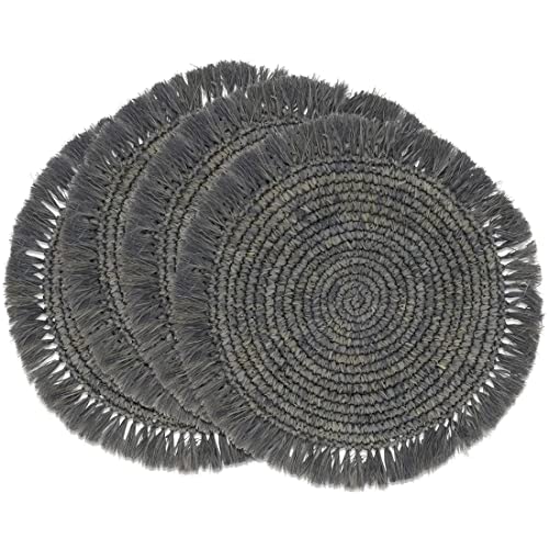 Fennco Styles Raffia Fringe Woven Placemats 15 Inch Round, Set of 4 - Natural Boho Table Mats for Home, Dining Room, Banquets, Family Gathering and Special Occasion