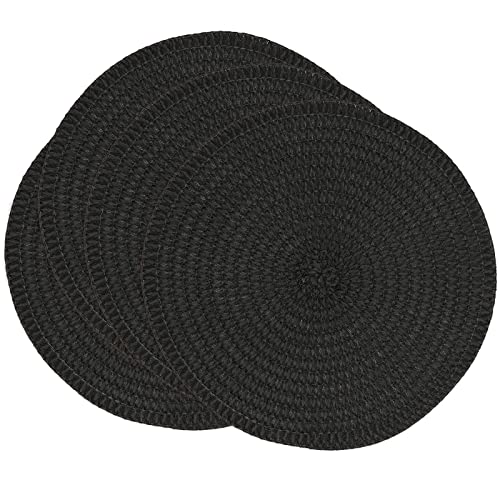 Fennco Styles Modern Everyday Textured Placemats 15 Inches Round, Set of 4 – Black Woven Table Mats for Home, Dining Room Décor, Banquets, Indoor & Outdoor and Special Events