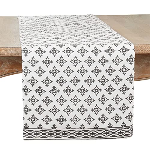 Fennco Styles Block Print Cotton Table Runner 16'W X 72" L - Black & White Table Cover for Everyday Use, Dining Table Décor, Banquets, Family Gathering and Special Events