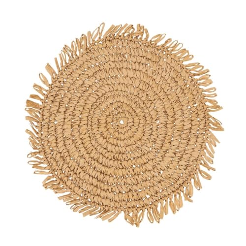Fennco Styles Raffia Fringe Placemat 14" Round, Set of 4 - Black Woven Rustic Table Mat for Home, Dining Room, Banquets, Boho Decor, Family Gathering and Special Occasion