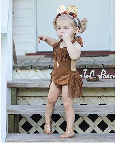 Infant Baby Girl Summer Halter Fringe Suede Brown Sunsuit Romper | Western Style, Adjustable Straps, 0-18 Months