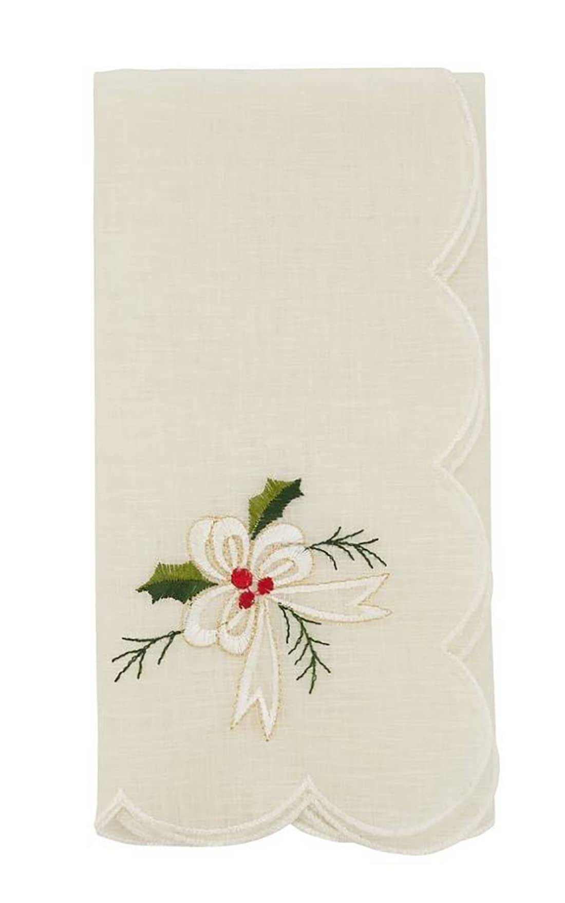 Fennco Styles Embroidered Holly & Ribbon Design Holiday Placemats 14" W x 20" L, Set of 4 - Natural Table Mats for Christmas, Winter Holidays, Home Décor, Banquet, Family Gathering, Special Occasion